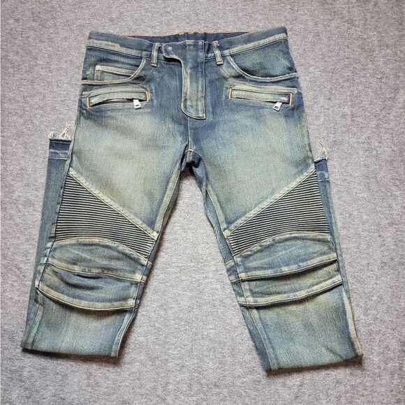 Rare Balmain Paris Men's Biker Moto Jeans Size 32 Blue 100% Authentic - Picture 1 of 16